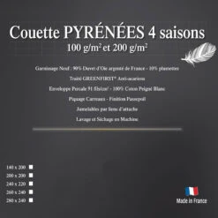 Couette PYRÉNÉES Quatre Saisons 90% Duvet Oie Neuf De France 10% Plumettes 100 + 200 G/m² -Literie Magasin couette double duvet d oie luxe 1