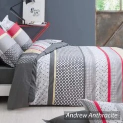 Parure Housse De Couette ANDREW ANTHRACITE 100% Percale De Coton 80 Fils/cm²